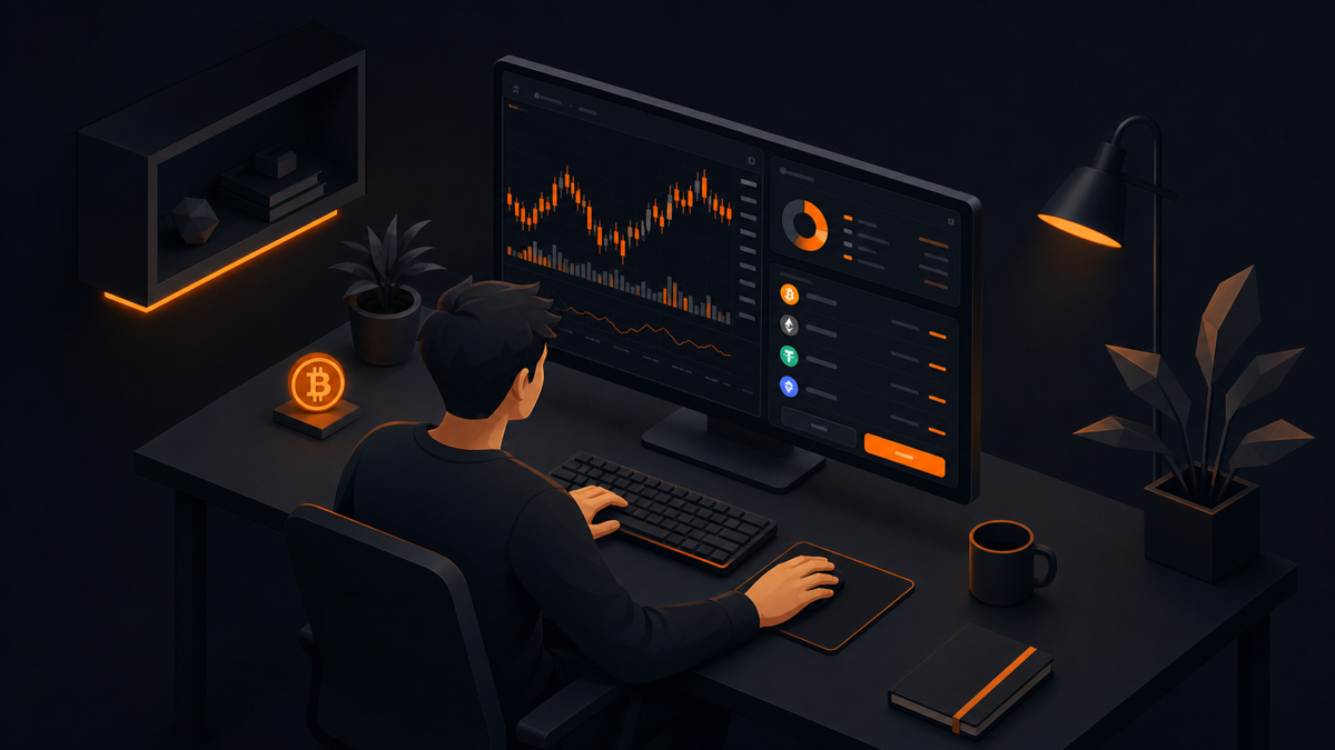 Новичок изучает криптовалюту за компьютером