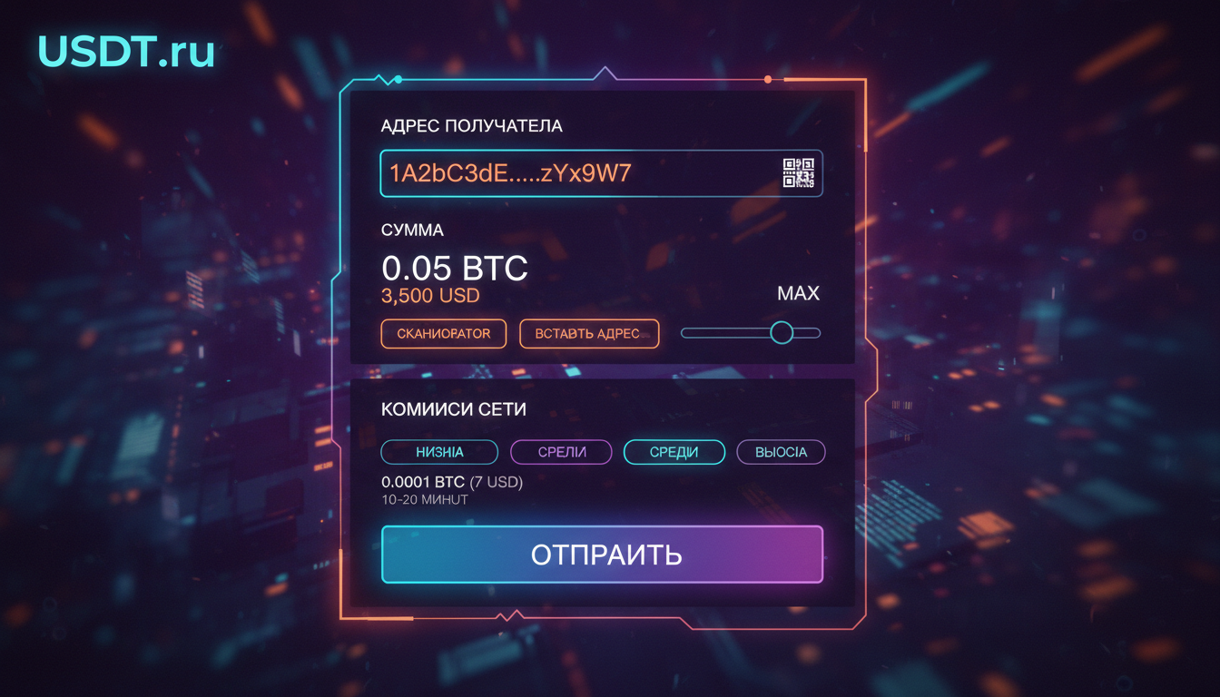 Отправка биткоина: адрес, сумма и комиссия сети (иллюстрация интерфейса)