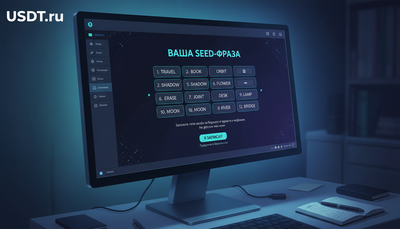 Экран сохранения seed-фразы: 12 слов на бумагу (иллюстрация интерфейса)