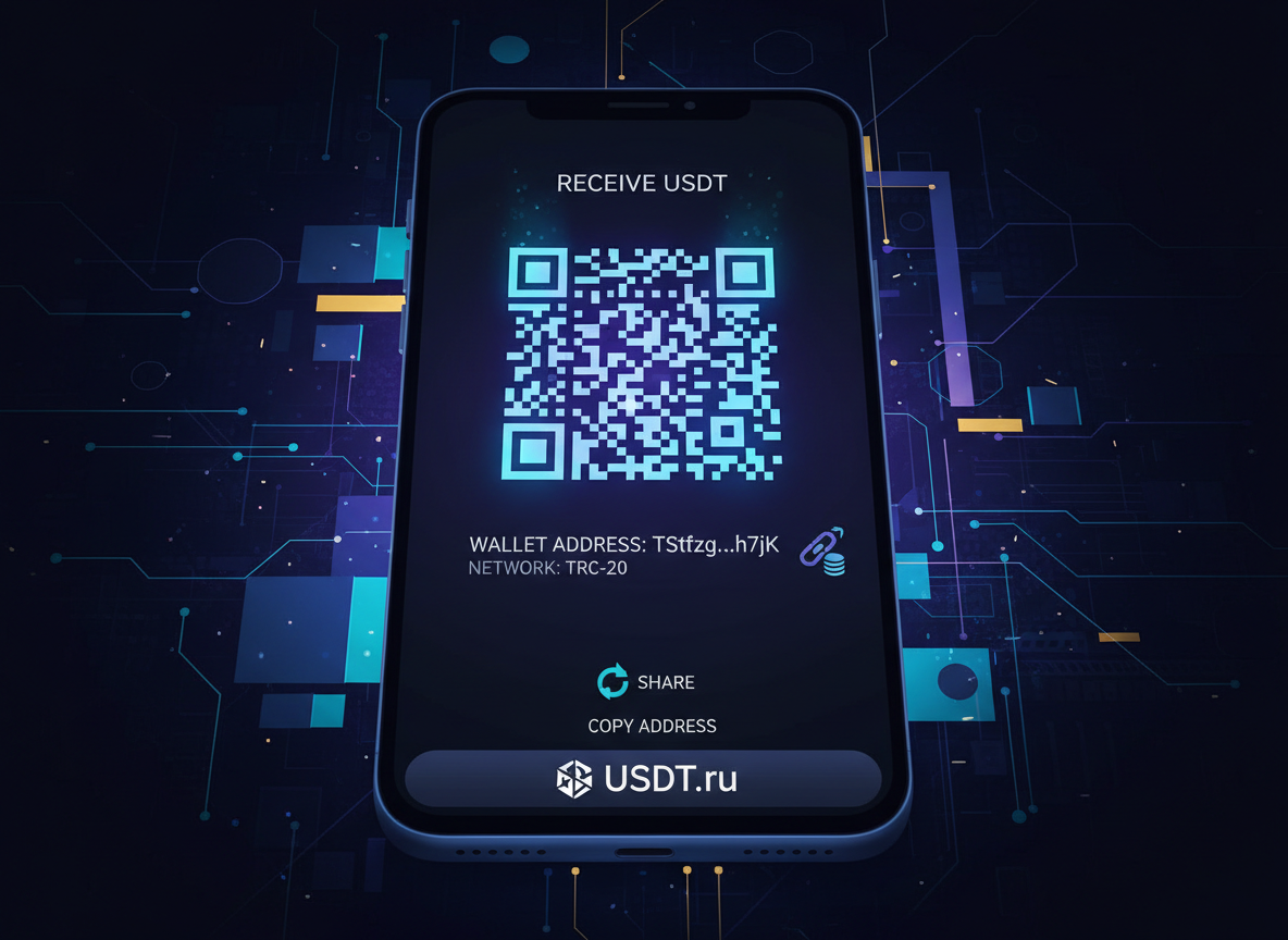 Экран «Получить» в криптокошельке: QR-код, адрес, сеть TRC-20 — куда приходят монеты