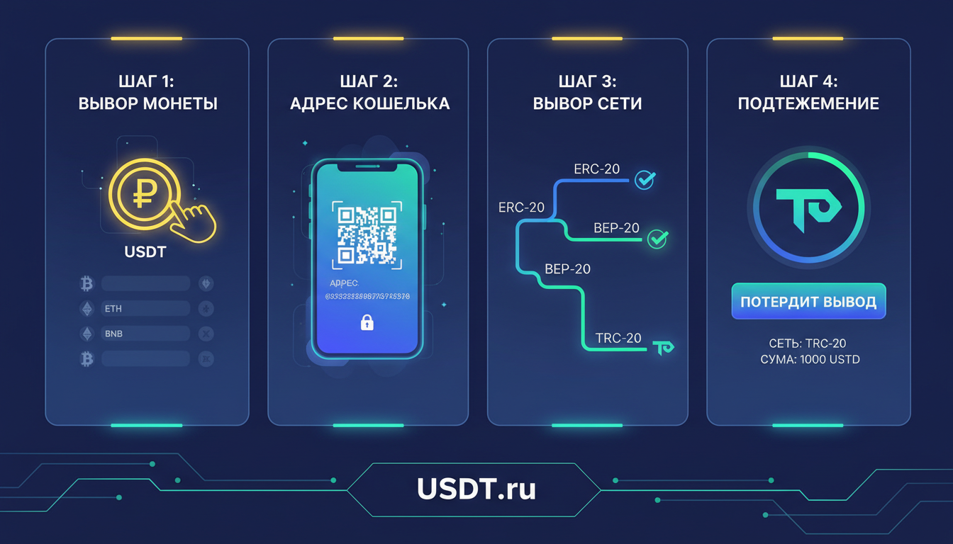 Вывод USDT с биржи на кошелёк: выбор монеты, адрес, сеть TRC-20 — 4 шага