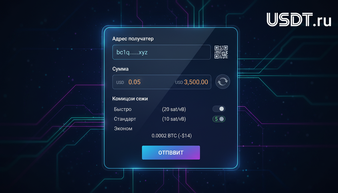 Отправка биткоина: адрес, сумма и комиссия сети (иллюстрация интерфейса)