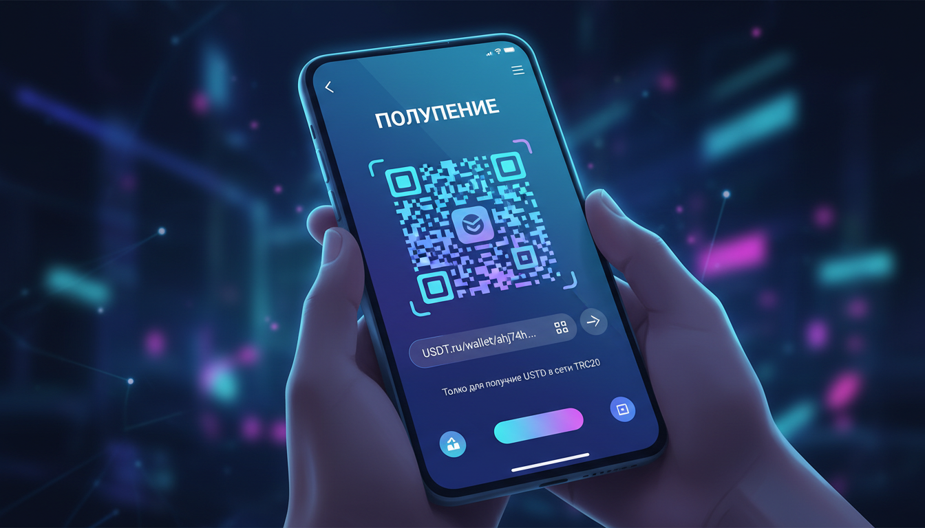 Экран получения: QR-код и адрес кошелька (иллюстрация интерфейса)