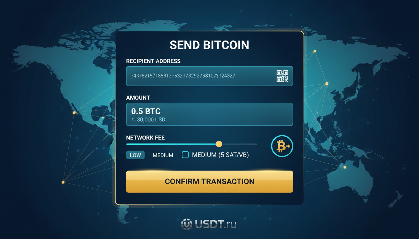 Отправка биткоина: адрес, сумма и комиссия сети (иллюстрация интерфейса)