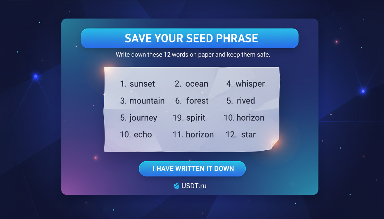 Экран сохранения seed-фразы: 12 слов на бумагу (иллюстрация интерфейса)
