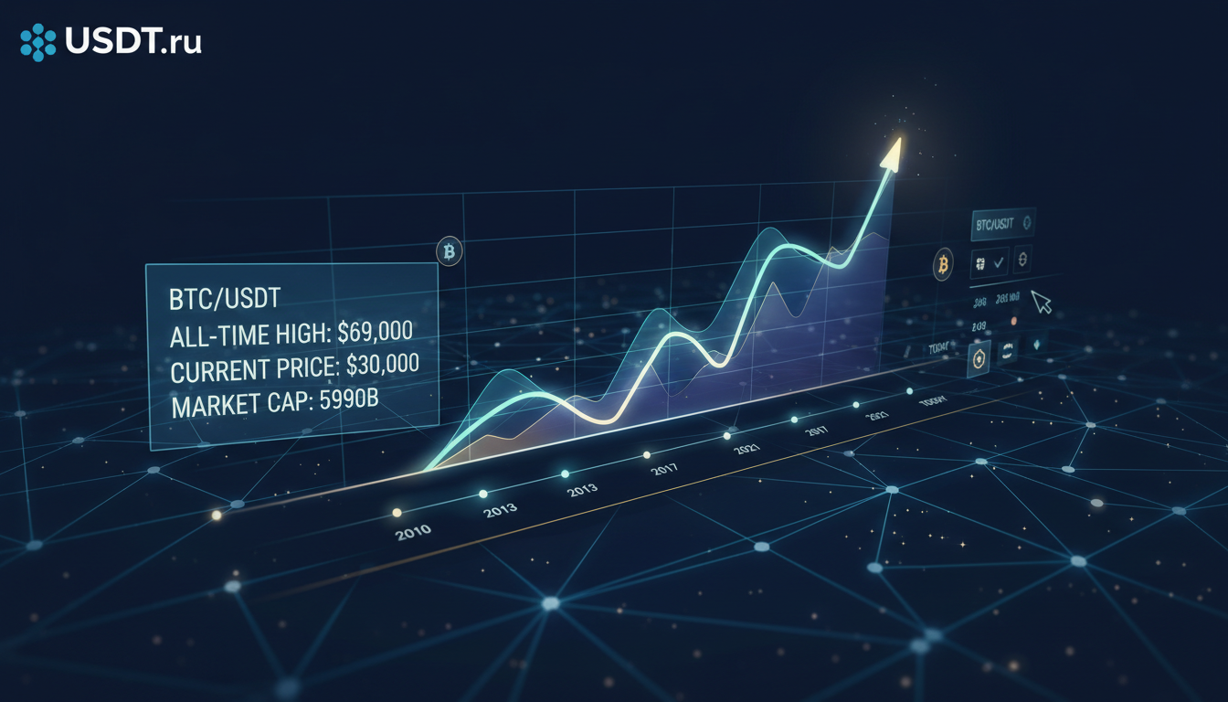 Интерактивный график цены биткоина за всё время на USDT.ru