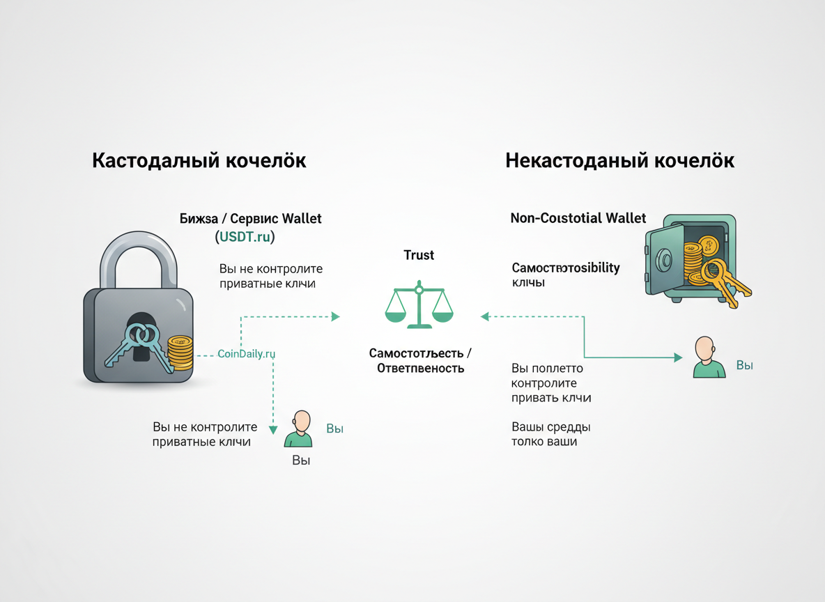 Кастодиальный и некастодиальный кошелёк: наглядная схема